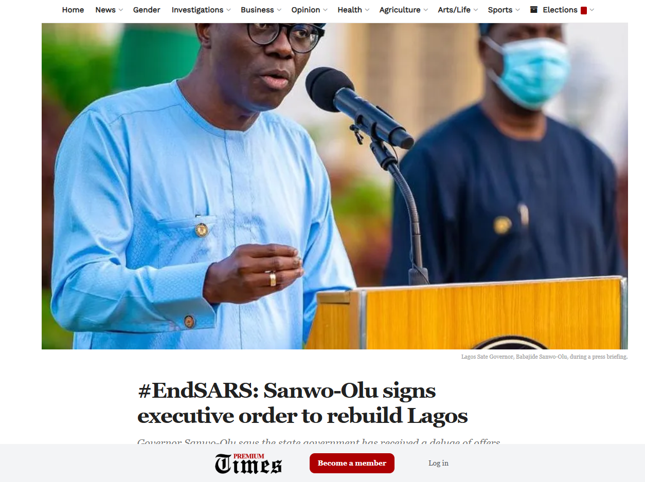 #EndSARS: Sanwo-Olu signs executive order to rebuild Lagos